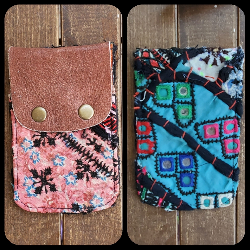 🧠🍳 Free People Boho Embroidered Repurposed vtg banjara hippie Wallet card case